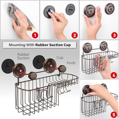 HASKO Shower Caddy Suction Cup with Hooks & Soap holder, Shower Shelf, Bathroom Storage Organizer, Rustproof Shampoo Holder, Bronze