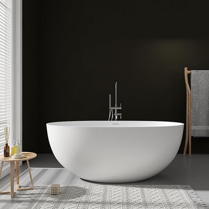 SJ STAR&JANE 55" Solid Surface Freestanding Bathtub, Stone Resin Oval Soaking Tub Matte White Stand Alone Tub with Overflow and Pop-up Drain for Bathroom