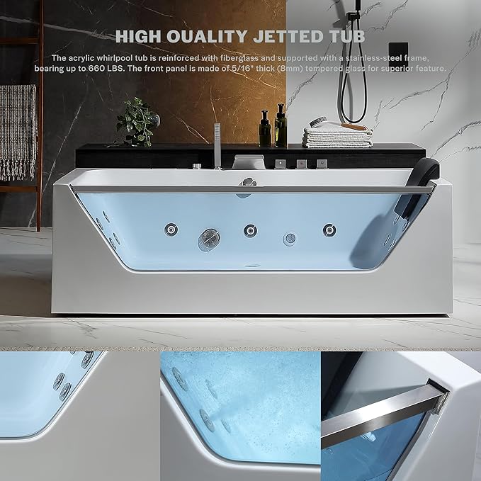 Empava Acrylic Whirlpool Bathtub, 71-Inch Jetted Bathtub with Heater, 10 Jets Hydromassage with Chromatherapy, 3-Side Apron with LED Control Panel, Waterfall & ETL Certified, Blcak Pillow