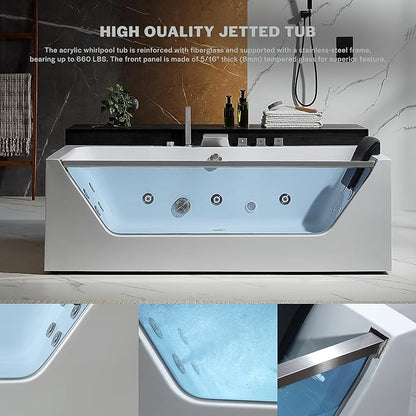 Empava Acrylic Whirlpool Bathtub, 71-Inch Jetted Bathtub with Heater, 10 Jets Hydromassage with Chromatherapy, 3-Side Apron with LED Control Panel, Waterfall & ETL Certified, Blcak Pillow