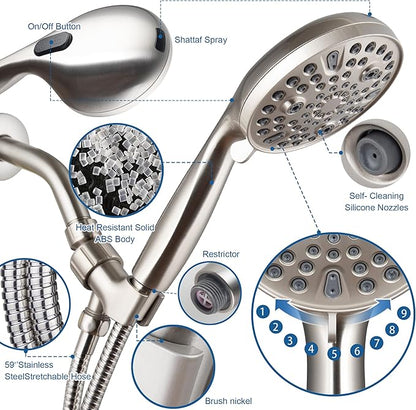 High Pressure Handheld Shower Head, 10-Setting Showerhead, 4.7”Detachable Showerhead Set with 5ft Hose, Adjustable Bracket and Built-in Power Wash to Clean Tub, Tile & Pets - Brush Nickel