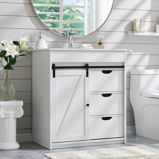 30" Farmhouse Bathroom Vanity with Sink, Freestanding Bathroom Storage Vanity Cabinet w/Sliding Barn Door, 3 Drawers & Adjustable Shelves, Metal Handle, White