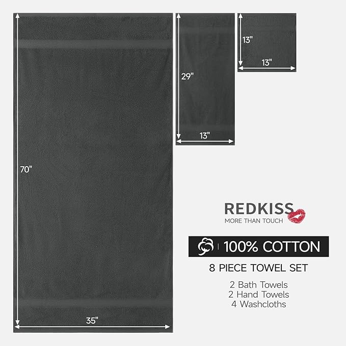 REDKISS Luxury 100% Cotton 8 Piece Bath Towel Sets, 2 Bath Sheets (35x70 in), 2 Hand, 4 Washcloths, Super Absorbent & Quick-Dry Shower Towel for Bathroom Spa Gym Hotel Yoga - Grey