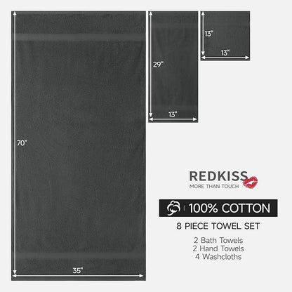 REDKISS Luxury 100% Cotton 8 Piece Bath Towel Sets, 2 Bath Sheets (35x70 in), 2 Hand, 4 Washcloths, Super Absorbent & Quick-Dry Shower Towel for Bathroom Spa Gym Hotel Yoga - Grey