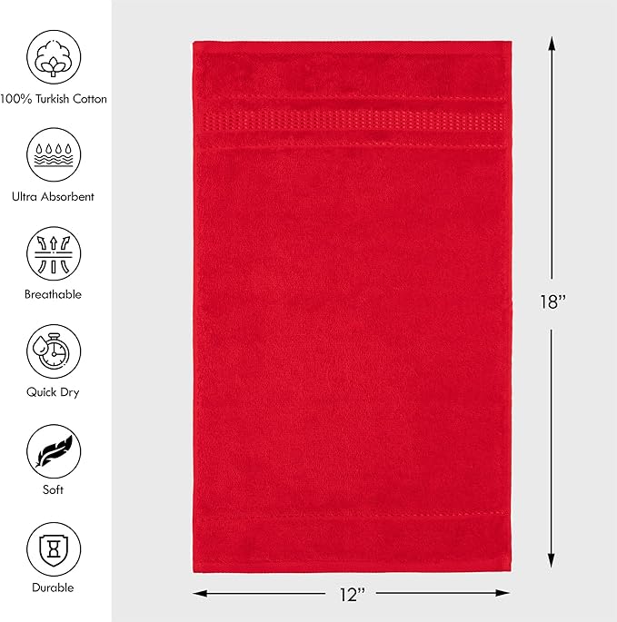 Melissa Linen, Fingertip Towels 4 Pack, 100% Turkish Cotton, Small Hand Towels for Body and Face, 12 x 18 in, Soft and Absorbent, Quick Dry, (Red Fingertip Hand Towels)