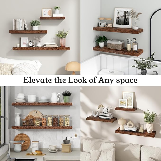 Floating Shelves for Wall, 7.9" Deep Wall Mounted Wood Shelves for Bathroom, Bedroom, Living Room, Kitchen, Hanging Shelf for Books/Storage/Room Decor (Brown, 16")