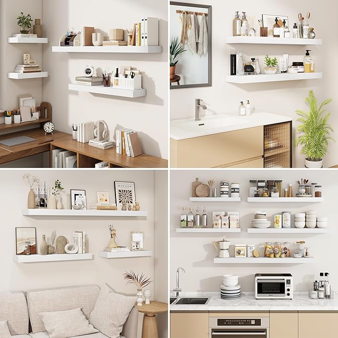 fuqing Floating Shelves for Wall, Wall Mounted Wood Floating Shelf with Invisible Brackets for Living Room, Bathroom, Bedroom, Kitchen Storage and Decor, 48 Inch Set of 2, White