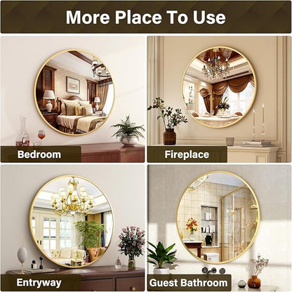 24 Inch Round Mirror - Circle Mirrors for Bathroom, Entryway and Living Room Wall Decor, Modern Hanging Vanity Mirror, Matte Gold Circle Decorative Wall Mirror