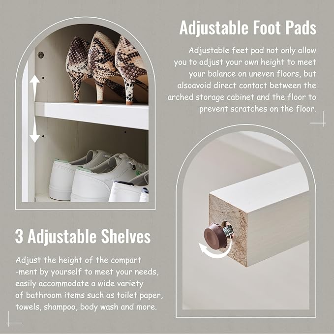 71" Tall Arched Bathroom Storage Cabinet, 8-Tier Modern Farmhouse Storage Cabinet with Adjustable Shelves, Wood Freestanding Cabinet for Bathroom, Living Room, Entryway, Hallway (Antique White)