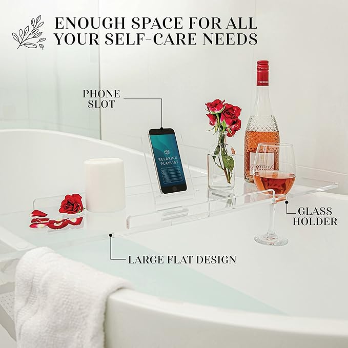 30" Supreme- Clear Bathtub Tray Caddy Tub Shelf - Spa Board Luxury Bathroom Bath tub Table - Acrylic Tub Caddy Fits Across Bathtubs - Book Rack, iPad and Wine Glass Holder