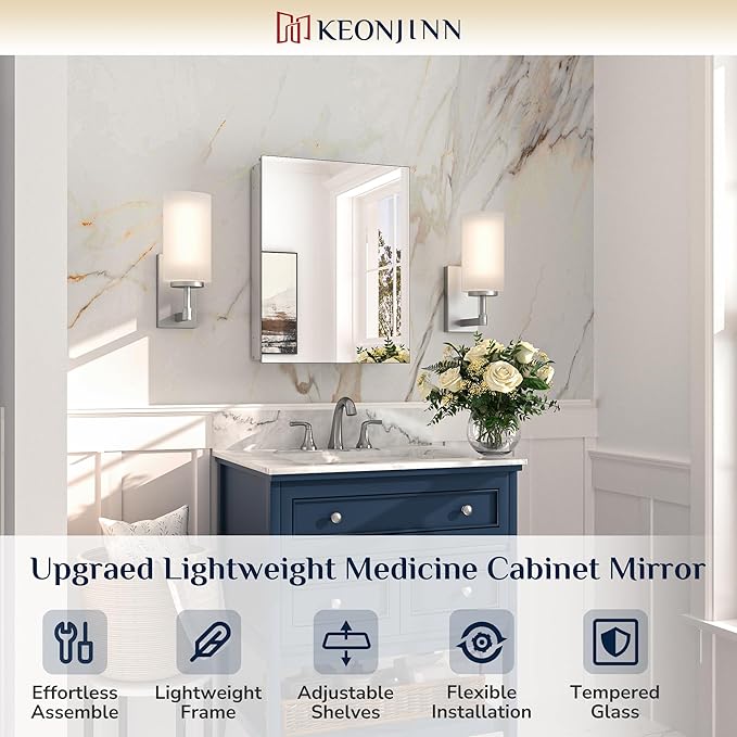 Keonjinn Small-Sized Medicine Cabinet 14.5 x 18.5 in, Assembly Required, Bathroom Medicine Cabinets Mirror, Lightweight, One Shelve Only, Surface Mount or Recessed, Tempered Glass