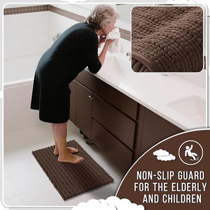 Yimobra Bathroom Runner Rug 70x24 Inch - Extra Long Non Slip Chenille Bath Mat, Soft & Absorbent, Machine Washable Shaggy Hallway Carpet for Vanity Tub Shower, Brown Home Decor Accessories
