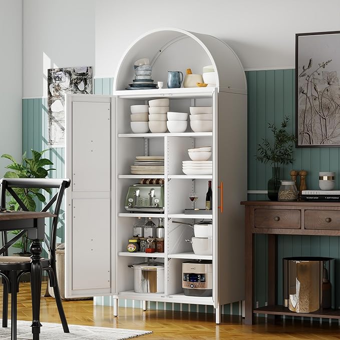 GangMeri Farmhouse Kitchen Pantry Cabinet, Arched Storage Cabinet with Doors and Adjustable Shelves, Tall Freestanding Cupboard for Laundry, Dining Room, Living Room, Bathroom(White)