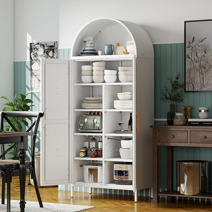 GangMeri Farmhouse Kitchen Pantry Cabinet, Arched Storage Cabinet with Doors and Adjustable Shelves, Tall Freestanding Cupboard for Laundry, Dining Room, Living Room, Bathroom(White)
