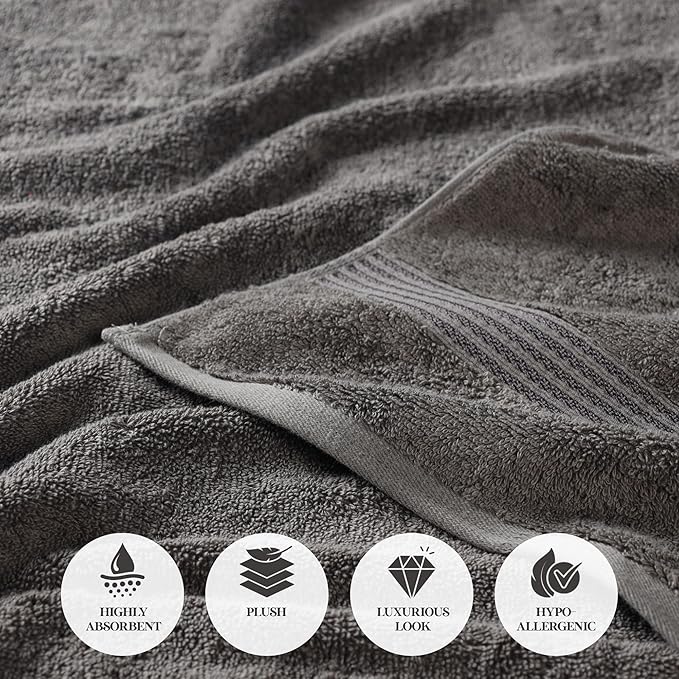 Superior Egyptian Cotton Bath Towel Set, Towels for Home Bathroom, Master, Guest Bath, Decor Essentials, Quick Dry, Absorbent, Large Body Towels, Spa, Hotel, Resort, Adult, Kids, Set of 4, Charcoal
