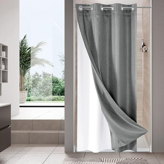 MitoVilla Black Waffle Small Stall Shower Curtain Liner Set 36 x 74, No Hooks Required Half Size Narrow Fabric Shower Curtain Set with Snap-in Liner for Modern Farmhouse Bathroom Decor