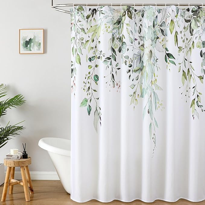 Colorful Star Sage Green Eucalyptus Waterproof Shower Curtain Set with Hooks, Minimalist Watercolor Floral Print Bathroom Décor, Plant Leaves Washable Fabric Shower Curtain, 72 x 78 Inch