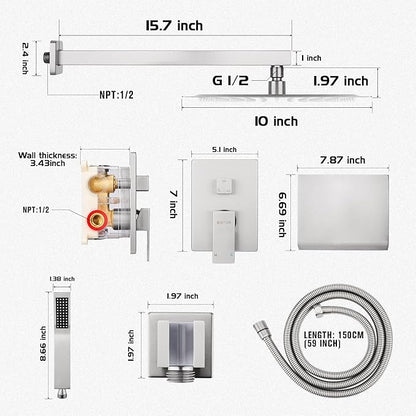Wall Mounted Shower Faucet Set, Shower System with Tub Spout, 10 Inch Rainfall Shower Head with Handheld Spray, Waterfall Tub Spout Bathtub Faucet, Brushed Nickel