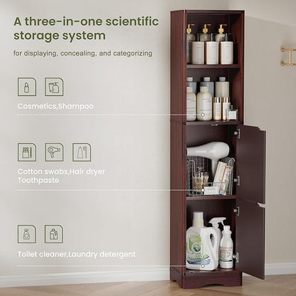 67" Tall Bathroom Organizer and Storage, Narrow Storage Cabinet with 2 Doors and 4 Shelves, Freestanding Floor Storage Unit,15.7" W x 11.8" D x 66.9" H, Walnut
