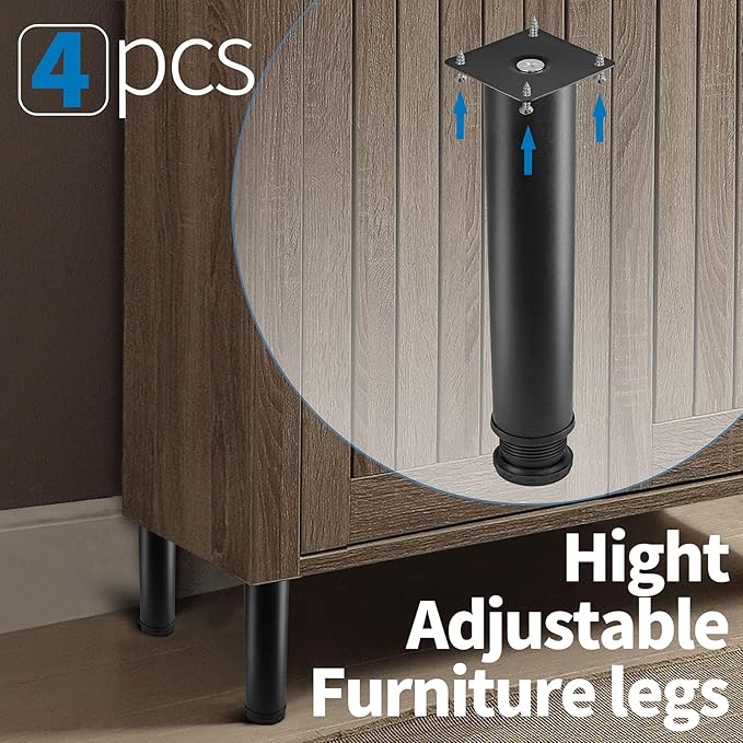 8 Inch Metal Furniture Legs Stainless Steel Adjustable Legs Black Metal Legs Round Cabinet Legs for Coffee Table Cabinet Desk Sofa Shelves, Pack of 4