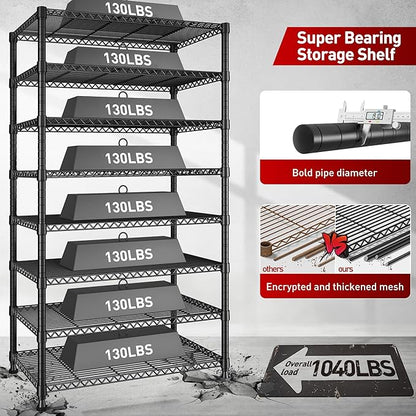 REIBII 8 Tier Metal Shelving 75"H Storage Shelves Tall Wire Shelving Unit Adjustable Detachable Storage Shelves for Laundry Pantry Kitchen Commercial school 1040LBS Storage Rack 75"H X 35"W X 14"D