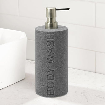 Resin Neutral Gray Sandstone Body Wash Engraved Bottle Refillable Pump Dispenser, Durable Waterproof Resin Construction for Bath, Shower - Gray Sandstone Satin Nickel Pump