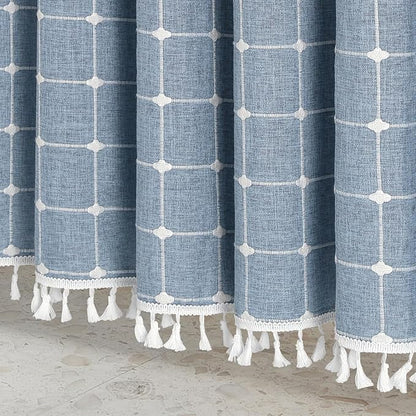 MitoVilla Boho Small Stall Shower Curtain 36 x 72, Blue Narrow Polyester Linen Fabric Shower Curtains for Farmhouse Bathroom Decor, Half Size Cloth Shower Curtain Set with Hooks