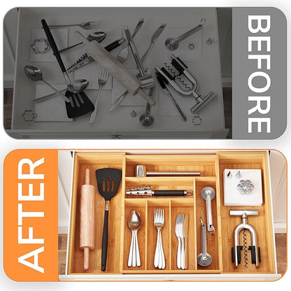 BAMEOS 3" Deepth Expandable Drawer Organizer, Deep Flatware Organizer, Adjustable Silverware Organizer, Bamboo Drawer Organizer for Kitchen, Bathroom (Natural)