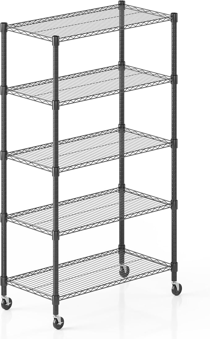 Homdox Heavy Duty Storage Shelves, 5 Tier Wire Shelving Unit with Wheels, Commercial Adjustable Metal Shelves for Storage, Garage Rack Pantry Shelves Kitchen Shelving, 18"x36"x82", Black