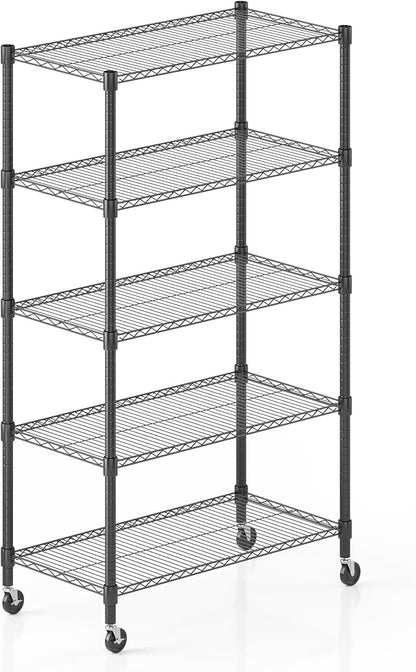 Homdox Heavy Duty Storage Shelves, 5 Tier Wire Shelving Unit with Wheels, Commercial Adjustable Metal Shelves for Storage, Garage Rack Pantry Shelves Kitchen Shelving, 18"x36"x82", Black