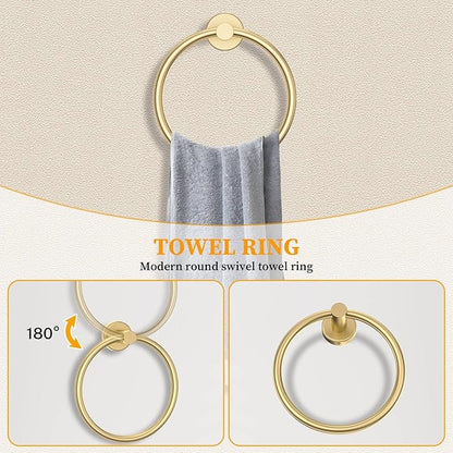 Brushed Gold Towel Bar Set 10 Pieces Round Bathroom Hardware Set Includes 23.6in Towel Bar Towel Ring Toilet Paper Holder Towel Hooks Stainless Steel Wall-Mounted Bathroom Towel Holder Set