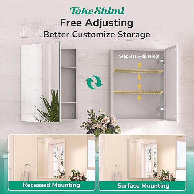 TokeShimi 20x32 Bathroom Cabinet Mirror Tempered, Aluminum Silver Recessed Medicine Cabinet with Mirror Frameless Stepless Adjustable Shelf, Surface Mount Medicine Cabinet for Bathroom