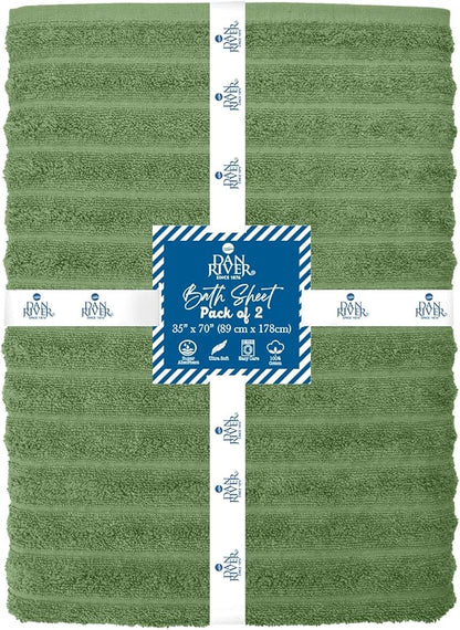 DAN RIVER Pack of 2 Bath Sheet 35x70 Inches, Extra Large Ribbed Quick Dry Bath Towels for Bathroom, Soft Absorbent Towels - Sage Green
