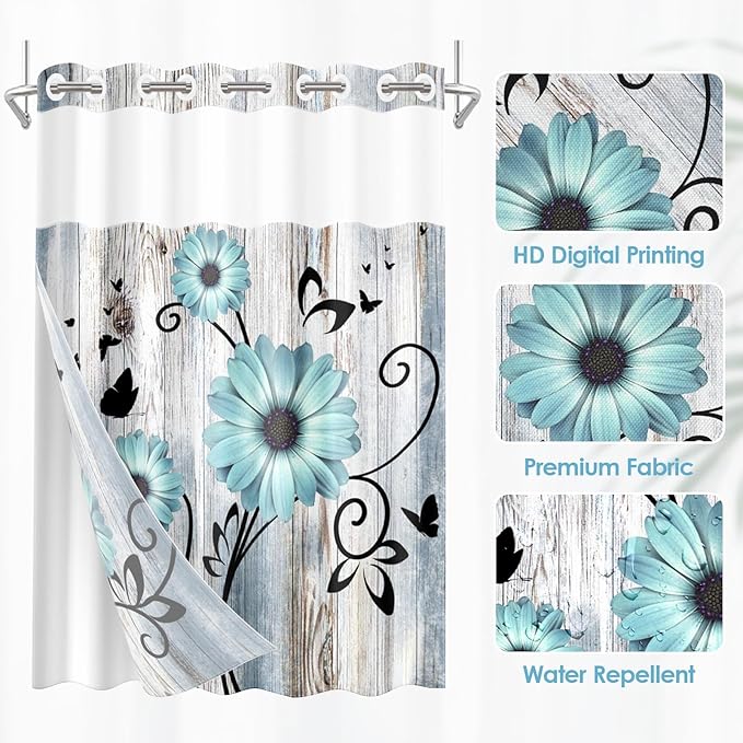 No Hook Teal Flower Shower Curtain with Snap in Fabric Liner Set, Daisy Rustic Farmhouse Double Layers Waterproof Fabric with See Through Top Window Open Grommet Bath Curtain 71x74 Inch