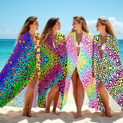 4 Pack Towels for Bathroom, Beach Towel, Microfiber Lightweight Beach Towels Oversized, Towel Accessories for Christmas Halloween Favors Travel 32x71 IN, Rainbow Leopard Colorful Neon Cheetah Print