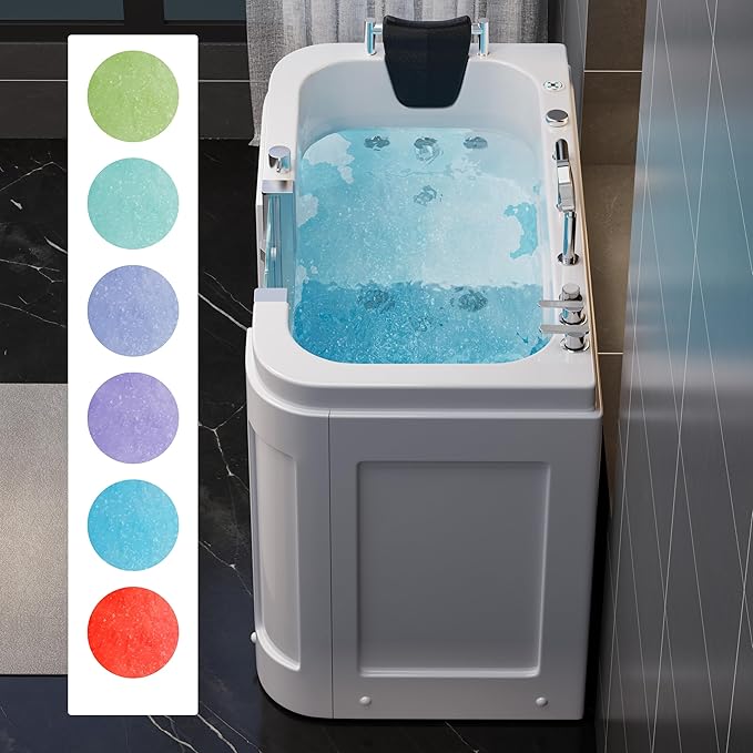 Homary Walk-In Bathtub for Seniors with Hydrotherapy Massage - Air Bubble Jets Bathtub, LED Chromatherapy Light, Thermostatic Faucet, Built-In Seat & Grab Bars, 3-Sided Apron Safety Tub for Elderly