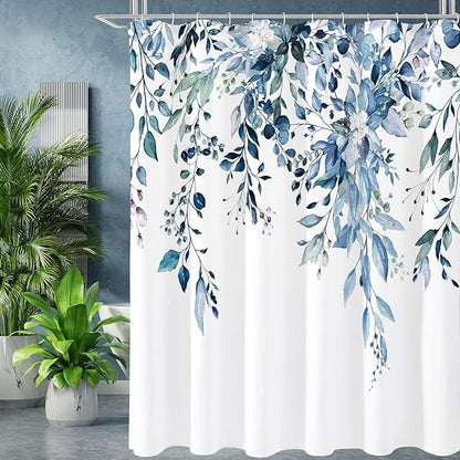 Gibelle Long Shower Curtain 72 x 78, Blue Floral Shower Curtain for Bathroom, Watercolor Plant Eucalyptus Leaves Fabric Shower Curtain Set