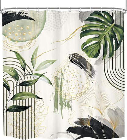Grey Green Boho Shower Curtain 72Wx72H Abstract Tropical Palm Leaves Modern Bohemian Minimalist Gold Leaf Mid Century Plant Bathroom Decor Botanical Bath Curtain Fabric Polyester 12 Pack Hooks