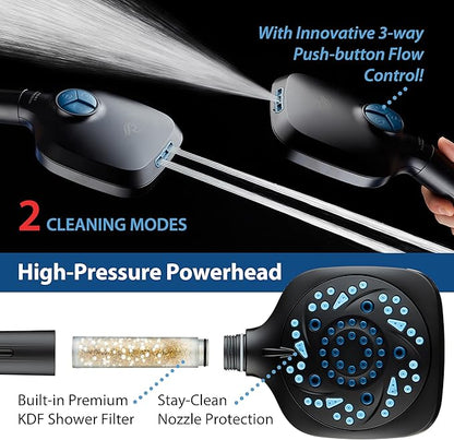 AquaCare High Pressure 10 Spray Mode Filtered Showerhead - Handheld Shower Head Filters Chlorine to Heal Dry Skin, Revive Hair - Dual Power Wash Cleans Tub, Tile, Pets - Hard Water Softener, Black