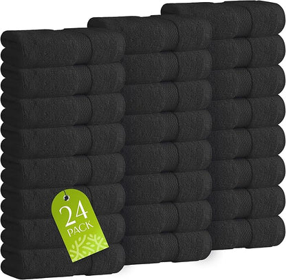 White Classic Wealuxe Black Washcloths 24 Pack - 600 GSM 100% Ring-Spun Cotton Wash Cloths for Showering, Highly Absorbent and Soft | 12x12 Inches