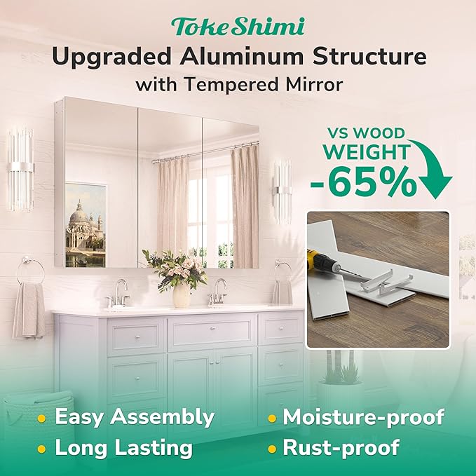 TokeShimi 48x32 Mirror with Stepless Adjustable Storage, Aluminum Tempered Bathroom Mirror Medicine Cabinet Silver, Frameless Farmhouse Medicine Cabinet for Recessed or Surface Mount Modern