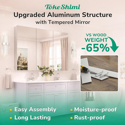 TokeShimi 48x32 Mirror with Stepless Adjustable Storage, Aluminum Tempered Bathroom Mirror Medicine Cabinet Silver, Frameless Farmhouse Medicine Cabinet for Recessed or Surface Mount Modern