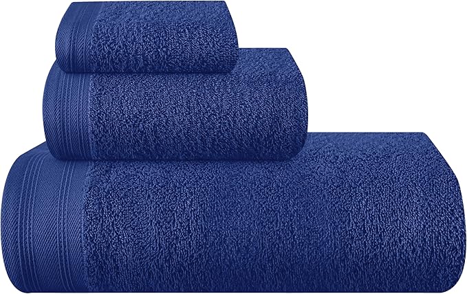 Ultra Soft 3 Pack Cotton Towel Set, Contains a Bath Towels 28x55 inch, a Hand Towels 16x24 inch & a Wash Coths 12x12 inch, Ideal Everyday use, Compact & Lightweight - Navy Blue, Medium