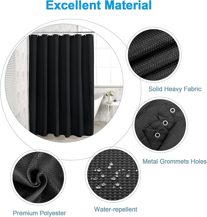 AmazerBath Black Shower Curtain Thick 240GSM, Fabric Shower Curtain with Waffle Weave, Bathroom Shower Curtains, Hotel Quality Heavy Duty, 72 x 72 Inches