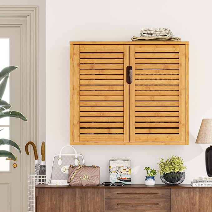 VIAGDO Wall Cabinet Bathroom Storage Cabinet Wall Mounted with Adjustable Shelves Inside, Double Door Medicine Cabinet, Utility Cabinet Organizer Over Toilet, Bamboo, 23.2''Lx8.1''Wx20.4''H