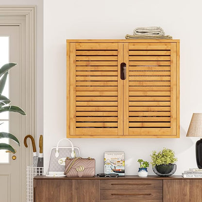 VIAGDO Wall Cabinet Bathroom Storage Cabinet Wall Mounted with Adjustable Shelves Inside, Double Door Medicine Cabinet, Utility Cabinet Organizer Over Toilet, Bamboo, 23.2''Lx8.1''Wx20.4''H