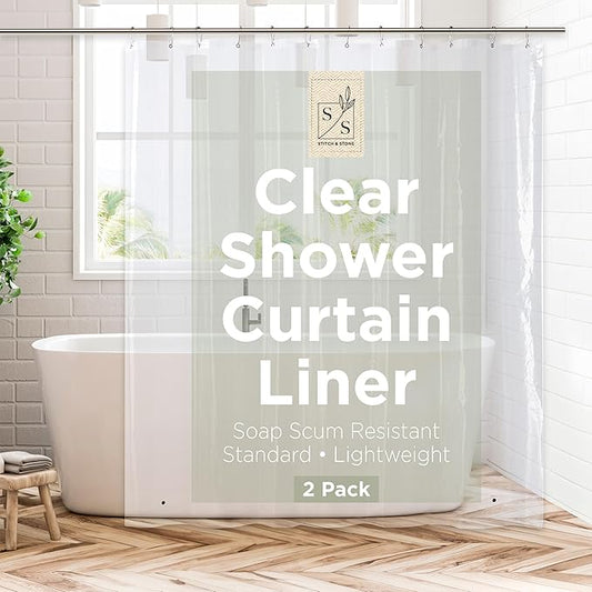 Stitch & Stone Shower Curtain Liner, Premium Lightweight Durable Waterproof 4g PEVA for Bathroom with Weighted Magnets, Standard Size 70" x 72" Clear 2 Pack