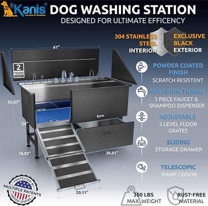 KANIS Black Line Professional Dog Washing Station - 304 Stainless Steel Pet Wash Sink & Grooming Bathtub w/Shower, Floor Grates and Storage for Large, Medium & Small Pets (61", 1 Drawer - Left Ramp)