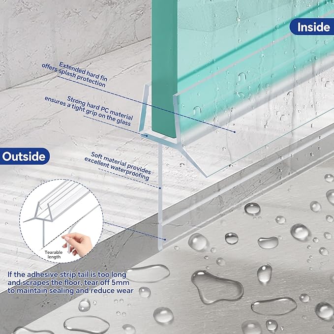 2-Pack Frameless Shower Door Bottom Seal (1/4" X 36") Clear Glass Seal Strip Shower Door Sweep - Stop Shower Leaks