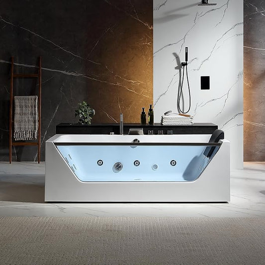 Empava Acrylic Whirlpool Bathtub, 71-Inch Jetted Bathtub with Heater, 10 Jets Hydromassage with Chromatherapy, 3-Side Apron with LED Control Panel, Waterfall, Brushed Nickel Hardware and Nozzle